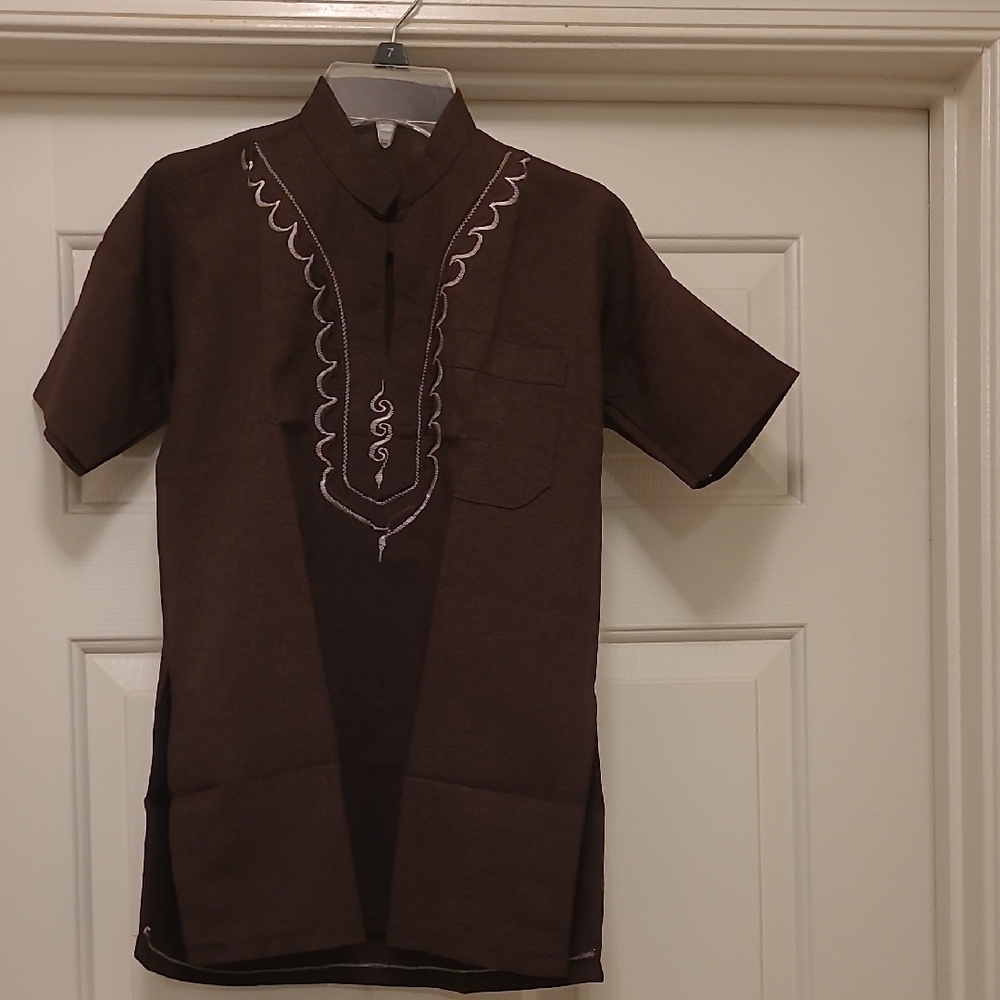 Elegant Brown Embroidered Men's Casual Shirt